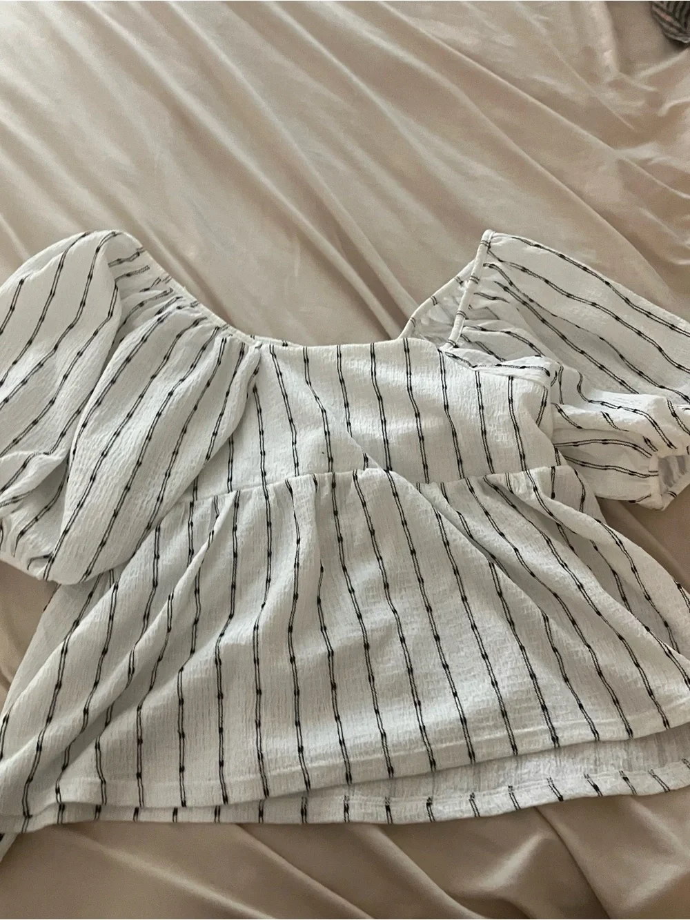 Madewell Smocked Puff Sleeve Peplum Blouse White Black Striped Size S